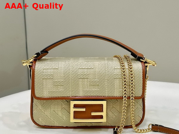 Fendi Baguette Mini Natural Straw Bag with FF Embroidery Beige Replica