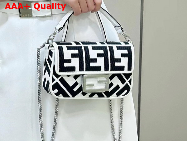 Fendi Baguette Mini White and Black Canvas Bag with FF Embroidery Replica