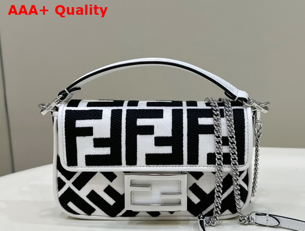 Fendi Baguette Mini White and Black Canvas Bag with FF Embroidery Replica