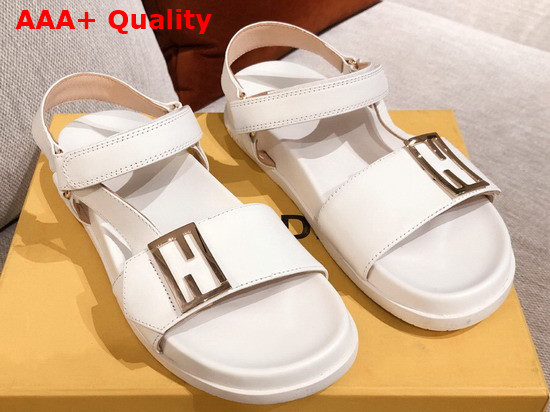 Fendi Beach Sandal in White Leather with FF Baguette Metal Buckle Replica