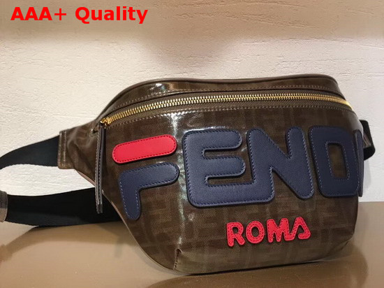 Fendi Belt Bag in Brown Glazed Fabric with FF Motif Decorated with Fendi Mania Lettering in Leather Replica