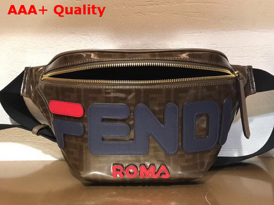 Fendi Belt Bag in Brown Glazed Fabric with FF Motif Decorated with Fendi Mania Lettering in Leather Replica