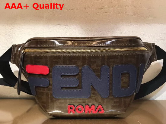 Fendi Belt Bag in Brown Glazed Fabric with FF Motif Decorated with Fendi Mania Lettering in Leather Replica