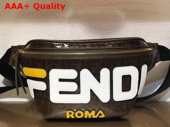 Fendi Belt Bag in Brown Glazed Fabric with Fendi Mania Lettering in Leather Replica