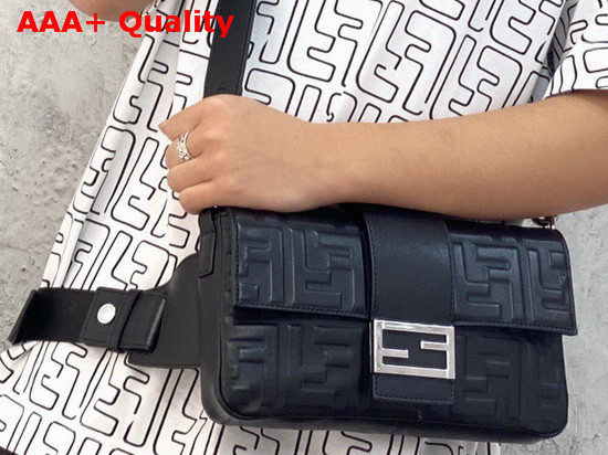 Fendi Belt Baguette Bag in Black Nappa Leather with Embossed FF Motif Replica