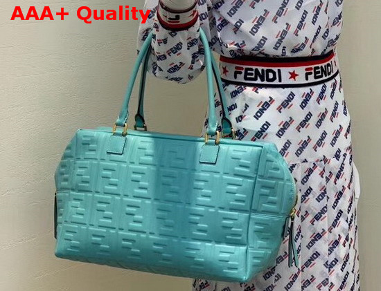 Fendi Big Boston Bag in Light Blue Lambskin with an All Over FF Motif Replica