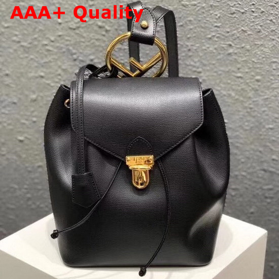 Fendi Black Leather Backpack with Metal Handle Shaped Like The New Fendi Logo Replica