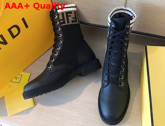 Fendi Black Leather Biker Boots Calf Leather with Stretch Fabric Replica