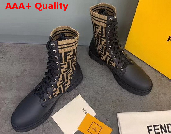 Fendi Black Leather Biker Boots with Brown Stretch Fabric FF Motif Replica