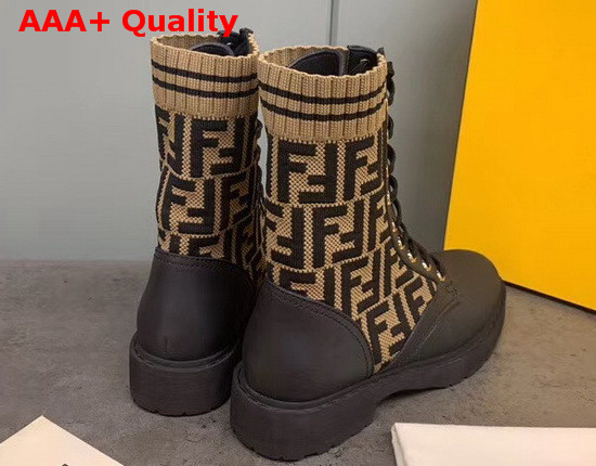 Fendi Black Leather Biker Boots with Brown Stretch Fabric FF Motif Replica