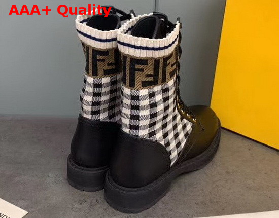 Fendi Black Leather Biker Boots with Check Pattern Stretch Fabric Inserts Replica