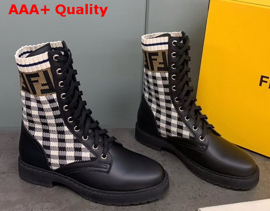 Fendi Black Leather Biker Boots with Check Pattern Stretch Fabric Inserts Replica