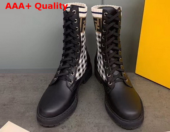 Fendi Black Leather Biker Boots with Check Pattern Stretch Fabric Inserts Replica