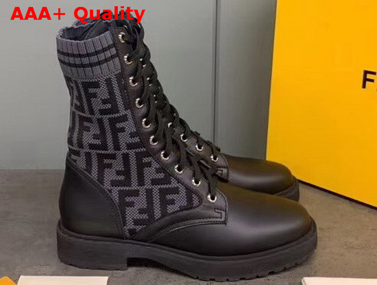 Fendi Black Leather Biker Boots with Gray Stretch Fabric FF Motif Replica