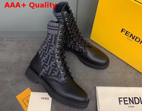 Fendi Black Leather Biker Boots with Gray Stretch Fabric FF Motif Replica