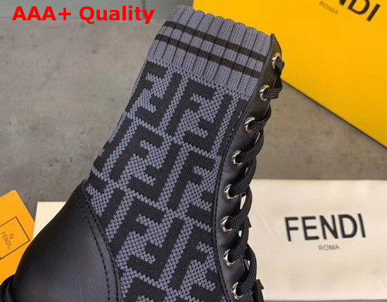 Fendi Black Leather Biker Boots with Gray Stretch Fabric FF Motif Replica