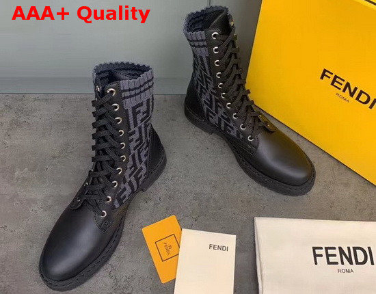 Fendi Black Leather Biker Boots with Gray Stretch Fabric FF Motif Replica