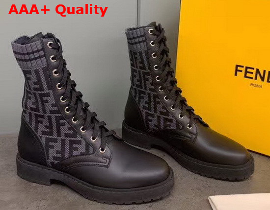 Fendi Black Leather Biker Boots with Gray Stretch Fabric FF Motif Replica