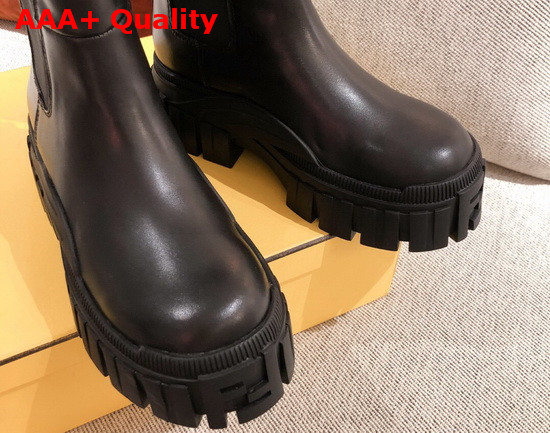 Fendi Black Leather Biker Style Promenade Boots with Thick Lug Sole in Rubber White Details Replica