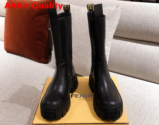 Fendi Black Leather Biker Style Promenade Boots with Thick Lug Sole in Rubber Yellow Details Replica