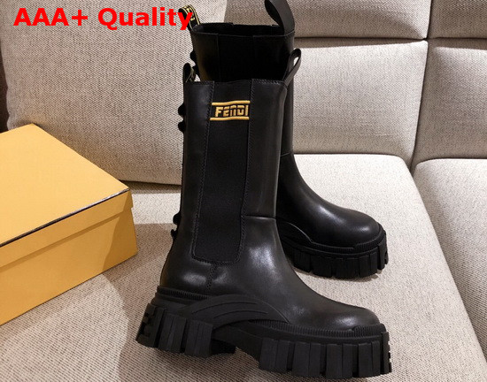 Fendi Black Leather Biker Style Promenade Boots with Thick Lug Sole in Rubber Yellow Details Replica