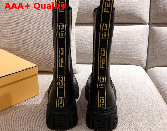 Fendi Black Leather Biker Style Promenade Boots with Thick Lug Sole in Rubber Yellow Details Replica