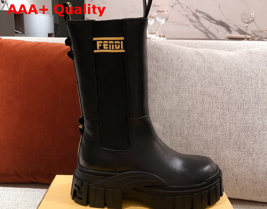 Fendi Black Leather Biker Style Promenade Boots with Thick Lug Sole in Rubber Yellow Details Replica