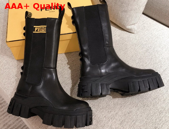 Fendi Black Leather Biker Style Promenade Boots with Thick Lug Sole in Rubber Yellow Details Replica