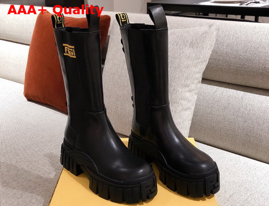 Fendi Black Leather Biker Style Promenade Boots with Thick Lug Sole in Rubber Yellow Details Replica