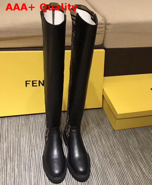 Fendi Black Leather Thigh High Boots with Round Toe and Distinctive High Boot Leg in Stretch Fabric Replica