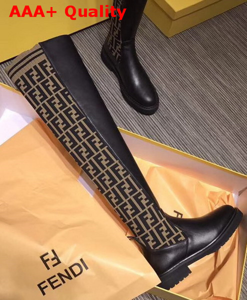 Fendi Black Leather Thigh High Boots with Round Toe and Distinctive High Boot Leg in Stretch Fabric Replica