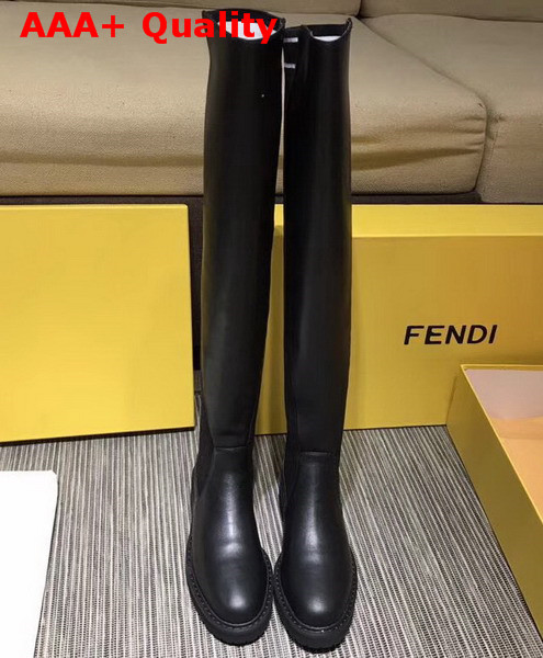 Fendi Black Nappa Cuissard Boots with Round Toe and High Stretch Fabric Leg Replica