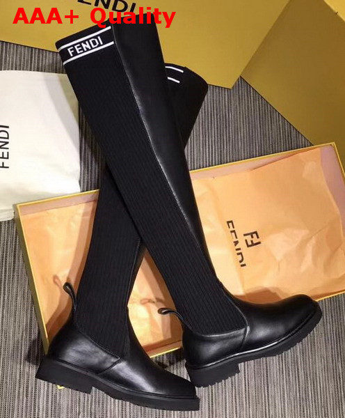 Fendi Black Nappa Cuissard Boots with Round Toe and High Stretch Fabric Leg Replica