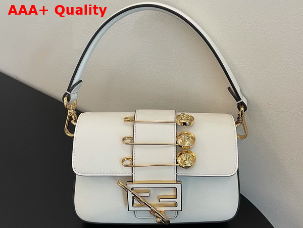 Fendi Brooch Mini Baguette Fendace White Leather Bag Replica