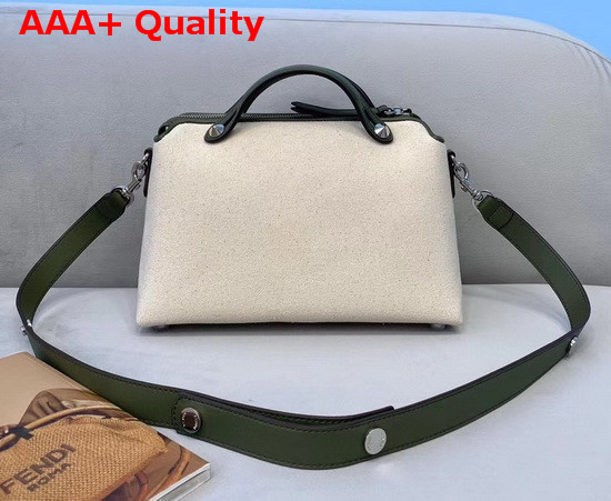 Fendi By The Way Medium White Canvas Boston Bag with Green Leather Trims Replica