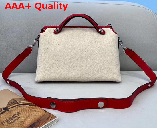 Fendi By The Way Medium White Canvas Boston Bag with Red Leather Trims Replica