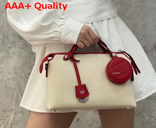 Fendi By The Way Medium White Canvas Boston Bag with Red Leather Trims Replica