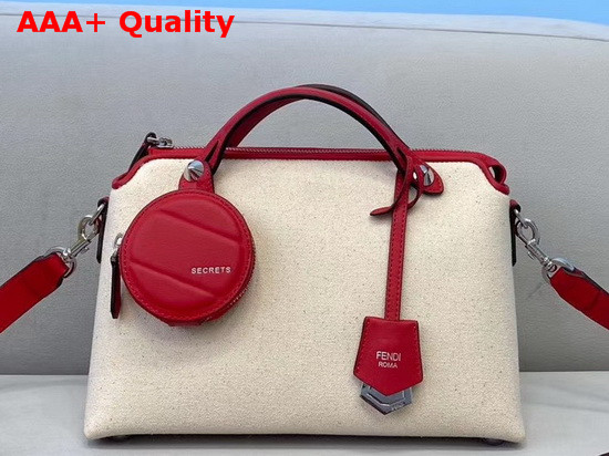 Fendi By The Way Medium White Canvas Boston Bag with Red Leather Trims Replica