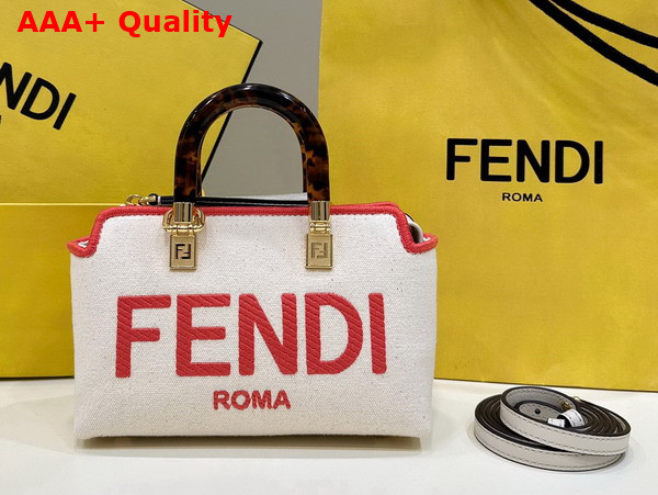 Fendi By The Way Mini Beige Canvas Small Boston Bag with Fendi Roma Embroidery Replica