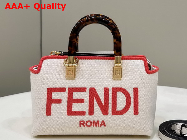 Fendi By The Way Mini Beige Canvas Small Boston Bag with Fendi Roma Embroidery Replica