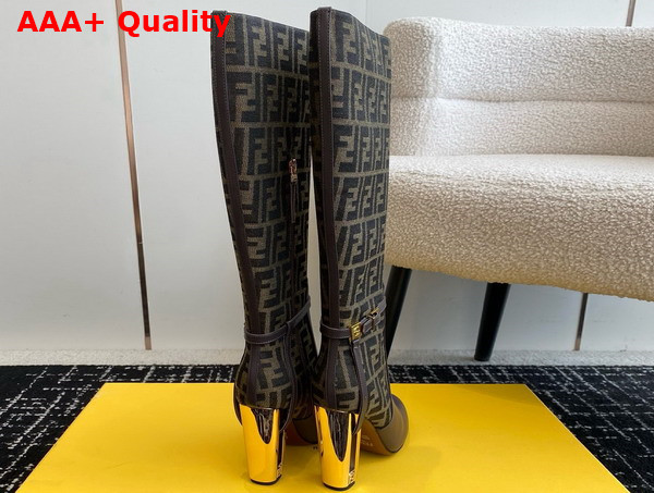 Fendi Delfina Brown Leather and FF Fabric High Heeled Boots Replica