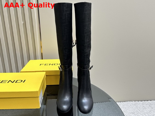 Fendi Delfina High Heeled Boots in Black FF Jacquard Nylon and Leather Replica