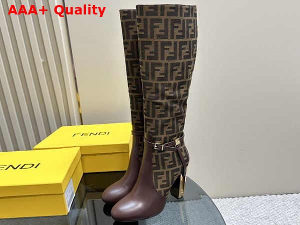 Fendi Delfina High Heeled Boots in Brown FF Jacquard Nylon and Leather Replica