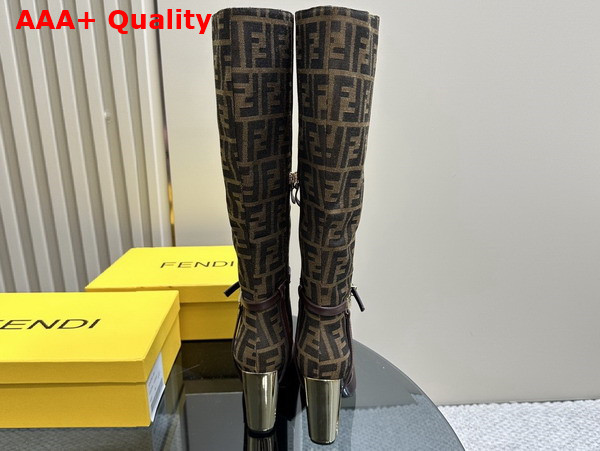 Fendi Delfina High Heeled Boots in Brown FF Jacquard Nylon and Leather Replica