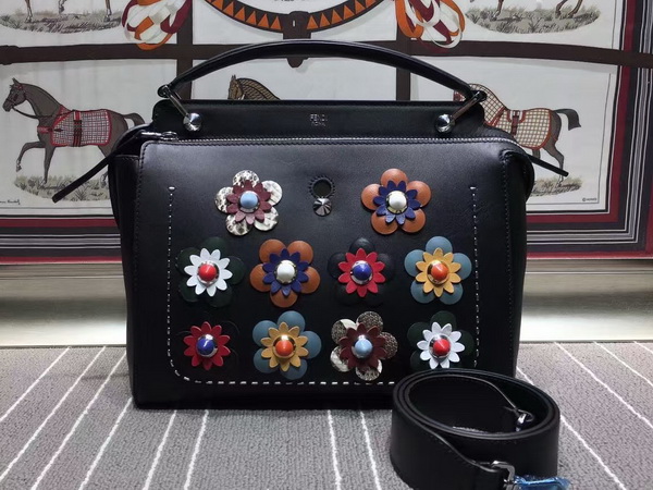 Fendi Fashion Show Dotcom Black Leather Handbag With Flowers for Sale