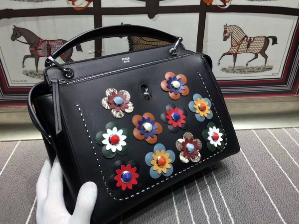 Fendi Fashion Show Dotcom Black Leather Handbag With Flowers for Sale