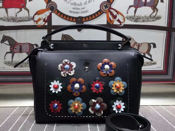 Fendi Fashion Show Dotcom Black Leather Handbag With Flowers for Sale