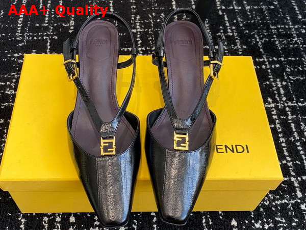 Fendi Ffold Black Eel Leather Low Heeled Slingbacks Replica