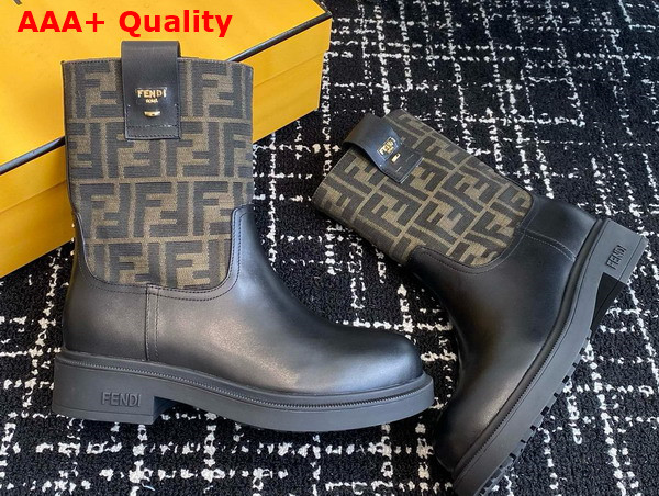 Fendi Filo Black Leather and Brown FF Fabric Ankle Boots Replica