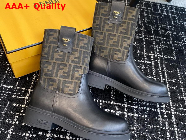 Fendi Filo Black Leather and Brown FF Fabric Ankle Boots Replica